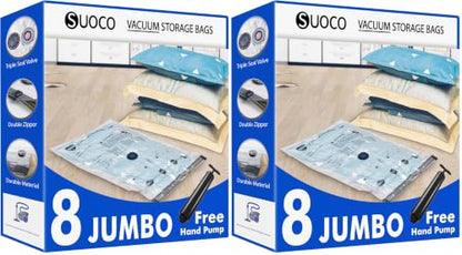 Vacuum Storage Bags, Compression Packing Space Saver Seal Bags for Clothing Bedding Comforters Blankets Pillows, 8 Jumbo (Pack of 2) - size: 8 Jumbo (Pack of 2)