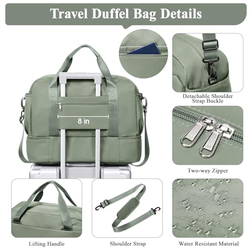 Travel Duffel Bag with Shoes Compartment, Carry-on Weekender Bags for Women - color: Olive Green 3Pcs Set