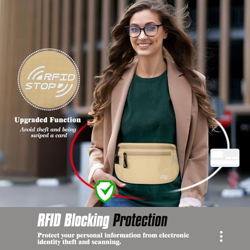 MoKo 안전한 여행용 머니 벨트, 언더커버 숨겨진 RFID 차단 여행용 지갑, 도난 방지 여권 지갑 남성용 여성용, 카키, 도난 방지 스타일 - color: 카키, size: One_Size