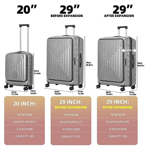 Kaleenie 2 PCS 20/29 Luggage Sets, 20” Cabin Luggage 29” Side Open Suitcase - color: Dark Gray, size: 20/29 Set