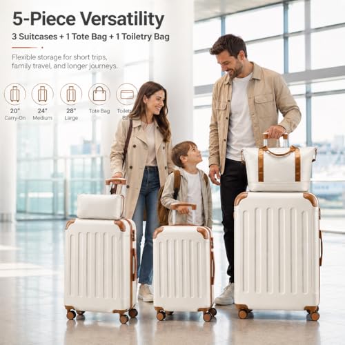 YOETEY 5-Piece Hardshell Luggage Sets, 20/24/28 Inch, White Brown - color: White