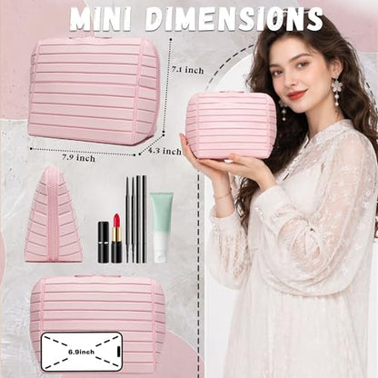 Travel parallel vertical Makeup Bag with Fold-Down Design and Adjustable Dividers,upright Cosmetic Toiletry Bags Pink - color: Pink