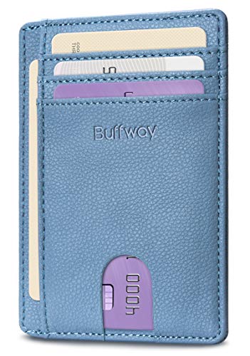 Buffway Slim Minimalist Front Pocket RFID Blocking Leather Wallets for Men and Women - Lichee Blue Grey - color: Lichee Blue Grey