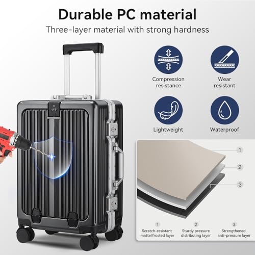 24 Inch Aluminum Frame Luggage with Front Pocket, Graphite - color: Graphite, size: 24 Inch