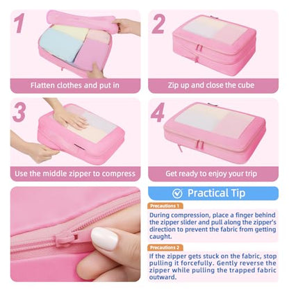 BAGAIL 4 Set/6 Set/8 Set Compression Packing Cubes Travel Accessories Expandable Packing Organizers (Square Mesh, 06-Pink) - color: 06-Pink, style: Square Mesh