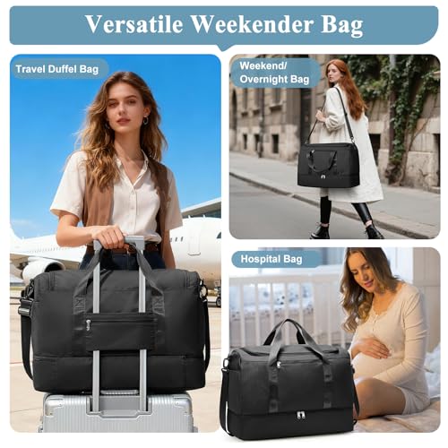 Travel Duffle Bag with Shoe Compartment, XL Weekender Bags for Women - color: B-Black with Toiletry Bag, size: Extra Large
