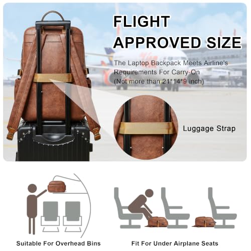 Shrrie 17 Inch Laptop Leather Backpack for Women with USB Charger - color: Caramel Brown
