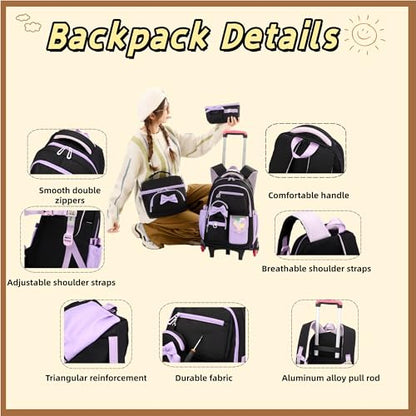 Rolling Backpack for Girls 3PCS Kids Backpack Set Cute Trolley Bags for Elementary Middle High School Wheeled Bookbags - color: 3pcs Black+purple 6 Wheels