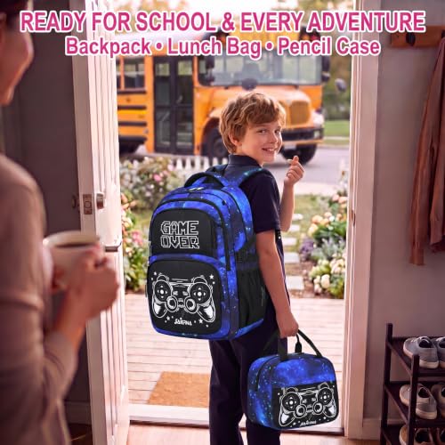 Boys Backpack Set 3PCS Ages 6-12, Kids School Backpack - color: Gamer Starry Blue