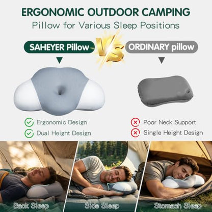 SAHEYER Memory Foam Camping Pillow, Upgraded Lengthened Travel Pillows for Sleeping, Cervical Neck Support Camping Gear Accessories - Small Pillow Travel Essentials for Sleep, Backpack, Hammock, Grey