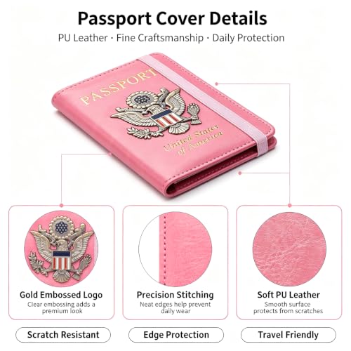 Premium Passport Holder for Travel RFID Blocking Passport Cover Slim - color: Pink