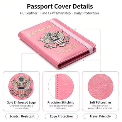 Premium Passport Holder for Travel RFID Blocking Passport Cover Slim - color: Pink