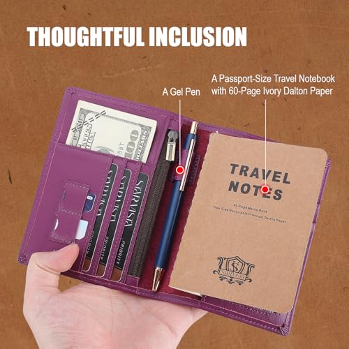 STAR VISTA Phoenix Leather Passport Holder, Calfskin Travel Wallet - RFID Blocking, ID Window, Zipper Pocket, Pen & Notebook Included, Violet - color: Purple B