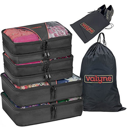 Valyne Mesh Nylon 6-pcs Packing Cubes Set, Travel Accessories Luggage Organizer Bags with Laundry/Shoe Bag (Medium Packs Double Compartment) (Black) - color: Black
