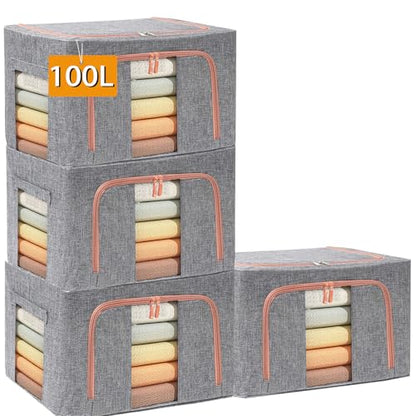 100L Large Storage Bags,Stackable Clothes Storage Bins with Hold Shape Metal Frame,Foldable Closet Organizer Containers with Zipper,Clear Window,Thick Fabric for Seasonal Clothing (Gray, 4 Pack)