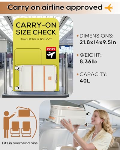 Joyway 20 Inch Carry On Luggage with Front Pocket and Cup Holder, White - color: Beige