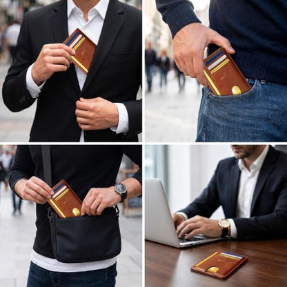 Genuine Leather Mens Wallet Slim RFID Blocking Credit Card Holder - color: VegTan BrickBrown