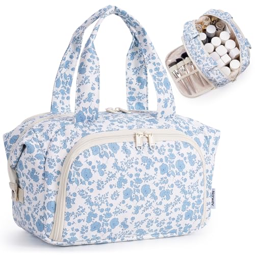 Narwey Travel Toiletry Bag for Women, Large Makeup Cosmetic Organizer Bag - color: ZA-Little Blue Flower