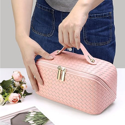 ALEXTINA Travel Makeup Bag, Woven PU Leather Cosmetic Bag, Pink - color: woven-pink, size: Medium
