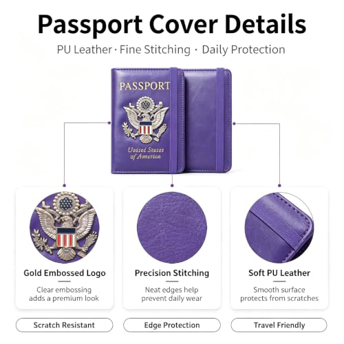 Premium Passport Holder for Travel RFID Blocking Passport Cover Slim - color: Purple