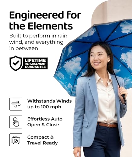 Windproof Travel Umbrella - Compact & Withstands Winds up to 100MPH, Strongest Premium Auto Folding Umbrella for Rain and Sun - Durable, Light & Portable for Women & Men, Fits Backpack & Cars - color: Blue Sky 1-Pack