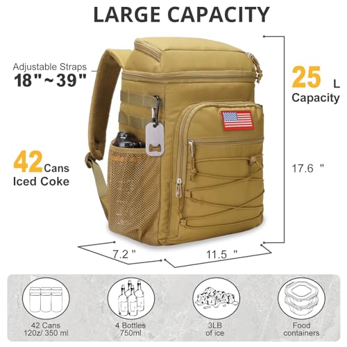 25L Insulated Cooler Backpack Water-Resistant Molle Cooler Bag for Camping - color: Brown