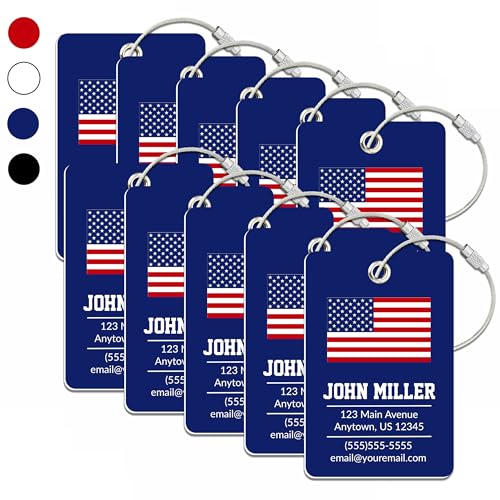 Personalized Luggage Tag with American Flag | 10 Pack | Custom Luggage Tags for Suitcases | Kids Backpack Tag | 4 Color Options & Choose Font, Font Color - color: Dark Blue, size: 10 pack - Large