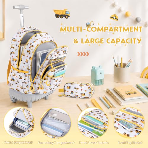 3 PCS Truck Rolling Backpack for Boys Girls with Lunch Bag - color: Grey Truck