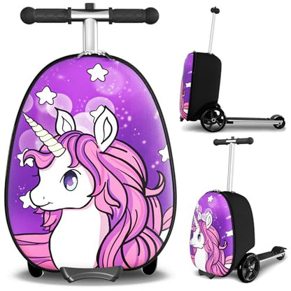 Baotree Scooter Suitcase for Kids, 2 in 1 Ride-on Luggage with Flash PU Wheels, Adjustable Handle & TPR Non-Slip Grip, Foldable & Lightweight, Ages 5-12 - color: Purple