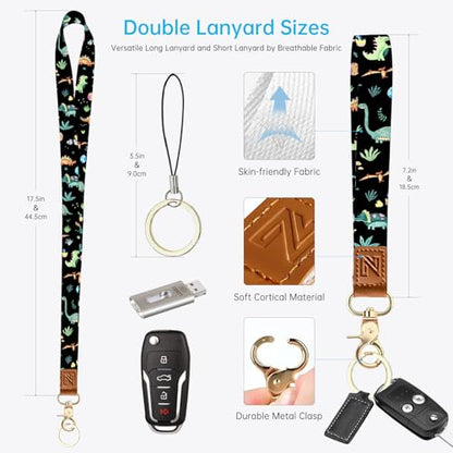 2-in-1 ID Badge Holder & Lanyard Wallet，Cute Zippered Pouch Cute Dinosaur - color: Cute Dinosaur