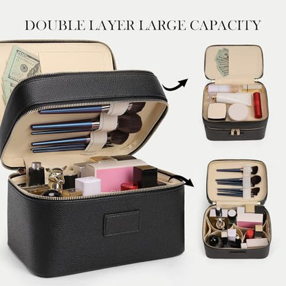 HiTotes Large Makeup Bag Duo Vanity Case for Women Leather Makeup Case Travel Toiletry Bag Portable Double Layer Cosmetic Bag - color: Black