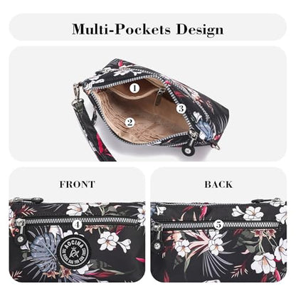 Small Wristlet Wallets for Women Nylon RFID Cross body bag - color: Floral Black