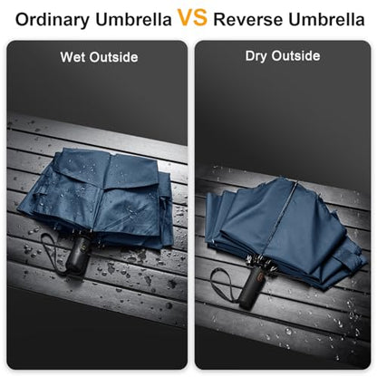 Prospo 46/62 Inch Large Travel Umbrellas for Rain Windproof, 10 Ribs Compact Reverse Folding Golf Umbrella, Double Canopy Automatic Open Close - color: Navy Blue, size: 62 inch