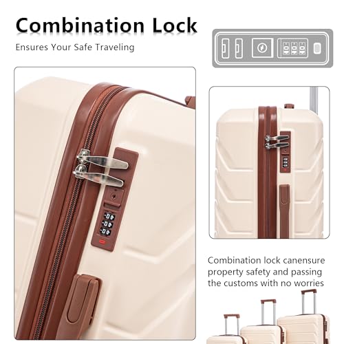 Luggages Sets 3pcs ABS Hardside Luggage Sets Spinner Wheels Suitcase with Lock - color: White brown