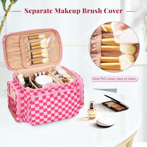 Bagmoly Large Makeup Bag, Travel Makeup Cosmetic Bag for Girls, Hotpink - color: 04-Hotpink Checkerboard, size: Medium