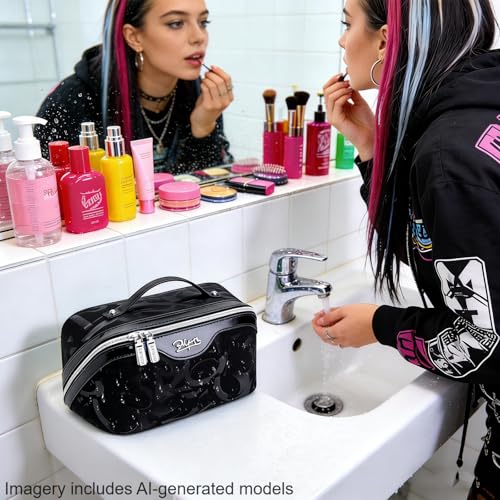 BOYATU Makeup Bag, Makeup Organizer, Toiletry Travel Bag for Women - Black | 3 Pcs Vegan Leather Cosmetic Bag with Compartments - Waterproof Large Capacity Toiletry Bag - 180° Open-Flat Makeup Organizer - color: D-2-Black