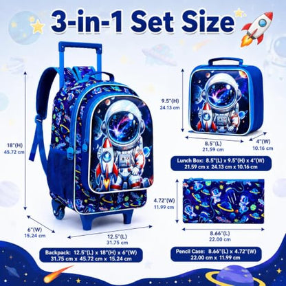 AGSDON 3PCS Rolling Backpack for Girls Boys, Kids Roller Wheels Bookbag, Wheeled School Bag with Lunch Bag - color: Rolling Astronaut Rocket Blue
