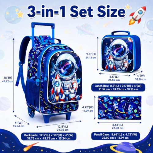 AGSDON 3PCS Rolling Backpack for Girls Boys, Kids Roller Wheels Bookbag, Wheeled School Bag with Lunch Bag - color: Rolling Astronaut Rocket Blue