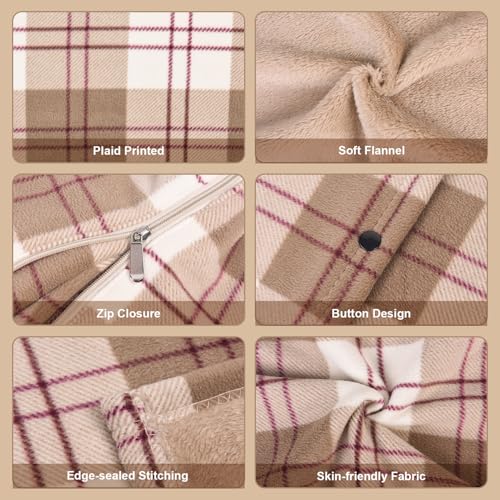 forestfish Wearable Blanket Compact Pillow 2-in-1, Flannel Lap Blanket Poncho with Button Plaid Throw Cushion for Home Office Sofa - color: Light Brown