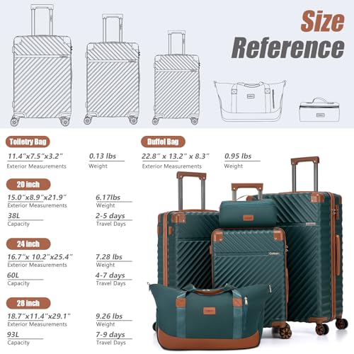 Cosbarn Luggage Sets 5 Pcs Suitcases with Wheels, 20"/24"/28",DarkGreen - color: DarkGreen, size: 5 Piece Sets (20/24/28/Db/Tb)