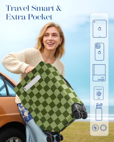 Slohif Classic Green Checkered Luggage Cover with Storage Pocket 28-30 inch - color: Grass Green Checkered, size: L-(28-30)Inch