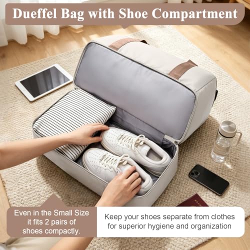 Small Travel Duffle Bag with Shoe Compartment, 35L Personal Item Bag - color: A-Beige & Brown, size: Small