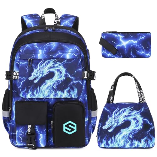 Scothen Boys Backpack, Cool Luminous Kids School Backpacks with Lunch Bag - color: Blue Dragon