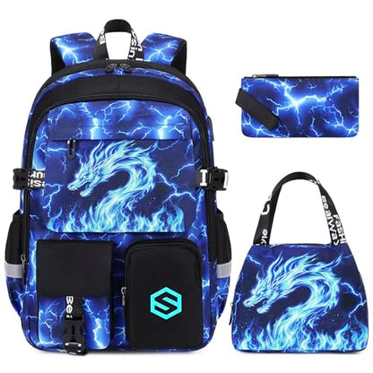 Scothen Boys Backpack, Cool Luminous Kids School Backpacks with Lunch Bag - color: Blue Dragon