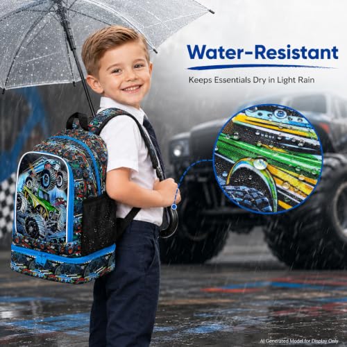 CCJPX 3Pcs Backpack for Boys, 16 Inch Preschool Elementary Kindergarten School Backpacks and Lunch Box - color: Truck 2 in 1