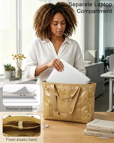 FHELAD Glossy Tote Bag for Women, Y2K Work Travel Laptop Bag, 25L - color: Tan