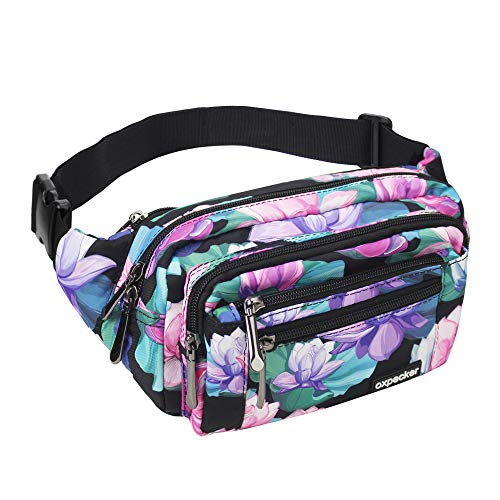 Oxpecker Waist Pack Bag, Black Base Floral, with Rain Cover - color: Black Base Floral
