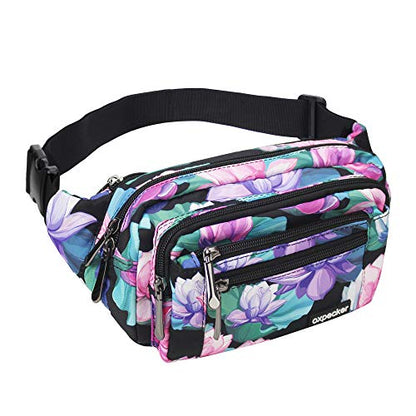 Oxpecker Waist Pack Bag, Black Base Floral, with Rain Cover - color: Black Base Floral