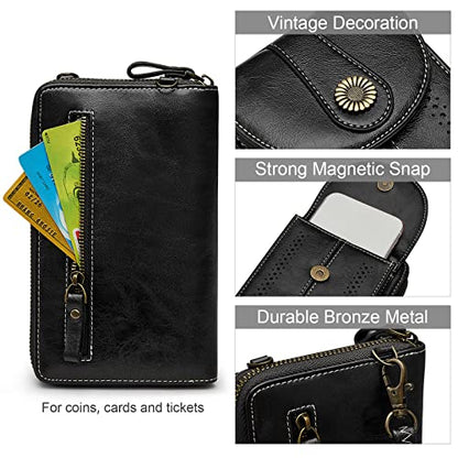 S-ZONE Women RFID Blocking Crossbody Cell Phone Purse PU Leather Wallet - color: Black