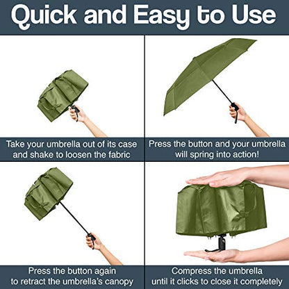 RainPlus Windproof Travel Umbrella - Compact, Automatic, Folding and Portable - Umbrellas For Rain for Men and Women - Car, Backpack, Purse, Strong & Wind Resistant - color: Green